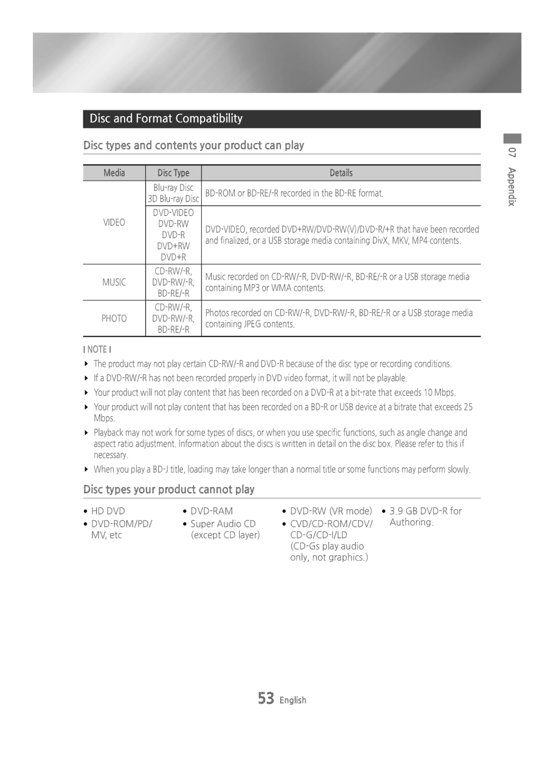 Samsung BD-H6500/XE, BD-H6500/EN, BD-H6500/ZF Disc and Format Compatibility, Disc types and contents your product can play 