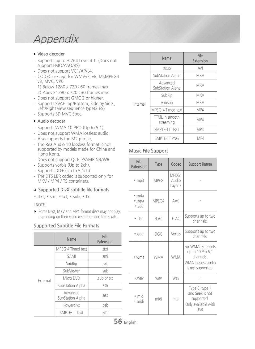 Samsung BD-H6500/ZF, BD-H6500/EN, BD-H6500/XU, BD-H6500/XE, BD-H6500/XN Supported Subtitle File Formats, Music File Support 