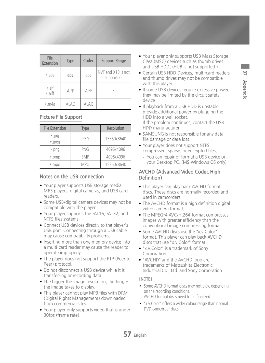 Samsung BD-H6500/XU, BD-H6500/EN, BD-H6500/ZF, BD-H6500/XE Picture File Support, Avchd Advanced Video Codec High Definition 