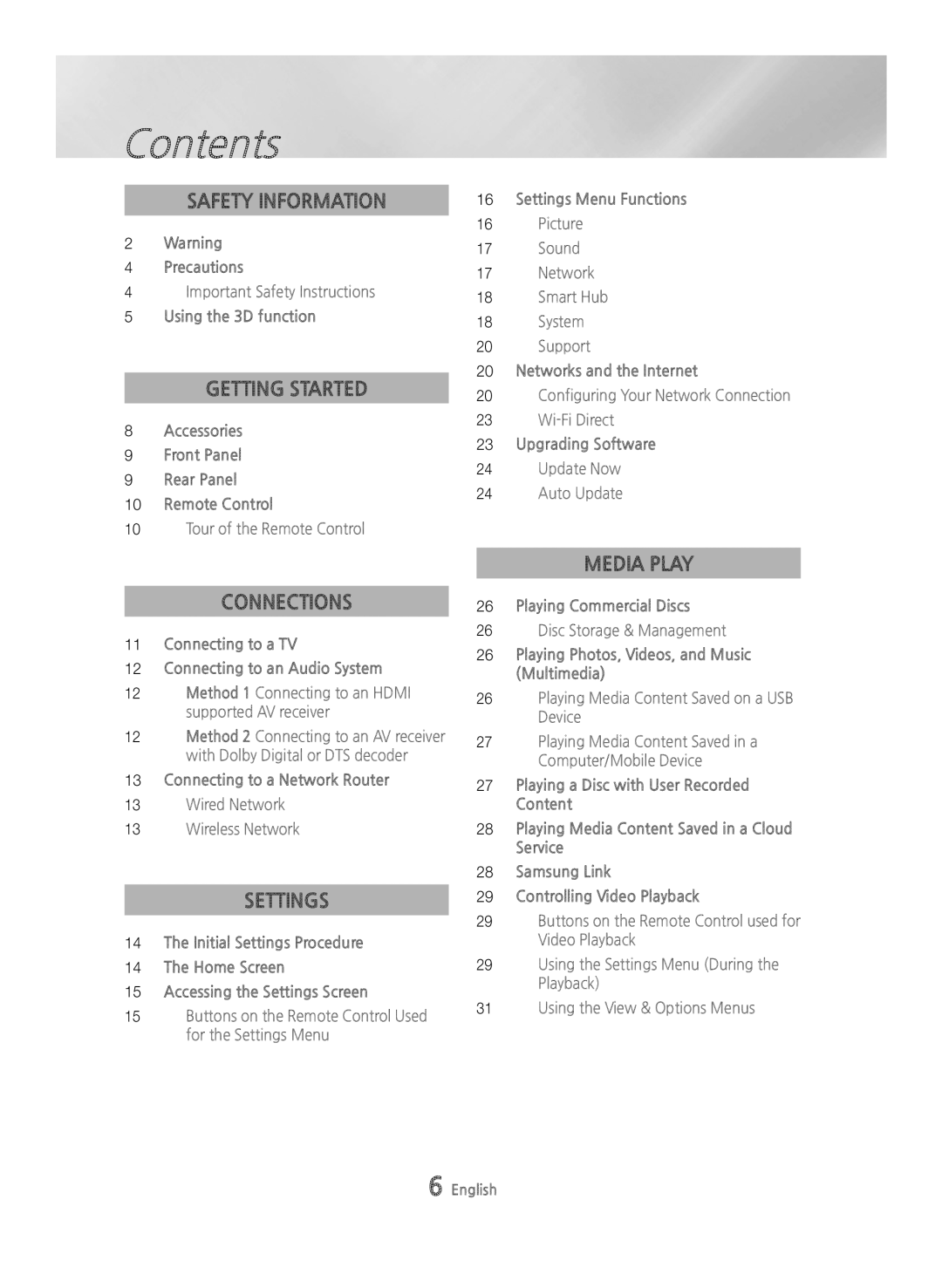 Samsung BD-H6500/ZF, BD-H6500/EN, BD-H6500/XU, BD-H6500/XE, BD-H6500/XN manual Contents 