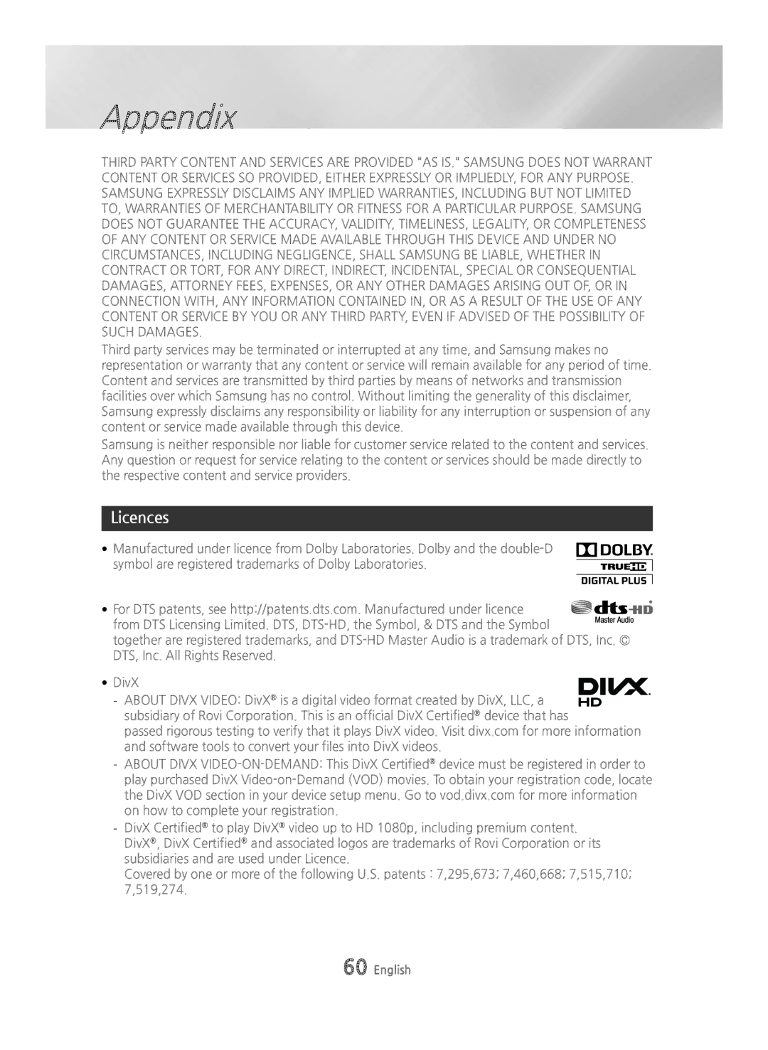 Samsung BD-H6500/EN, BD-H6500/ZF, BD-H6500/XU, BD-H6500/XE, BD-H6500/XN manual Licences 