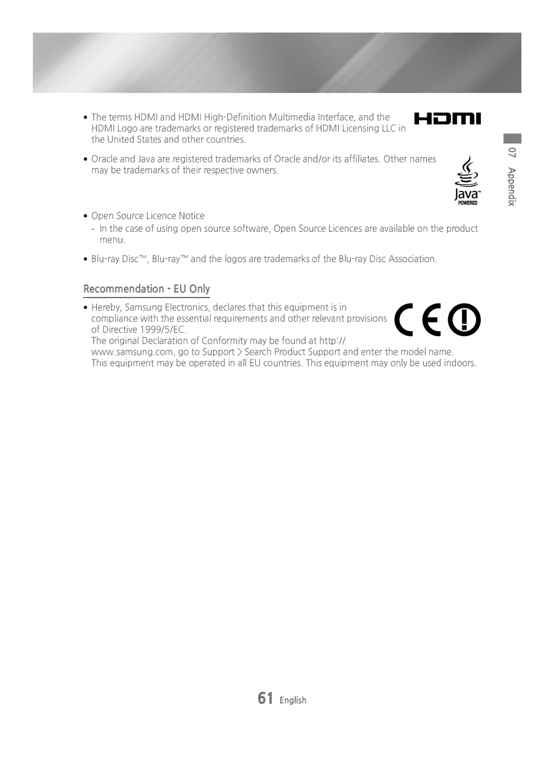 Samsung BD-H6500/ZF, BD-H6500/EN, BD-H6500/XU, BD-H6500/XE, BD-H6500/XN manual Recommendation EU Only 