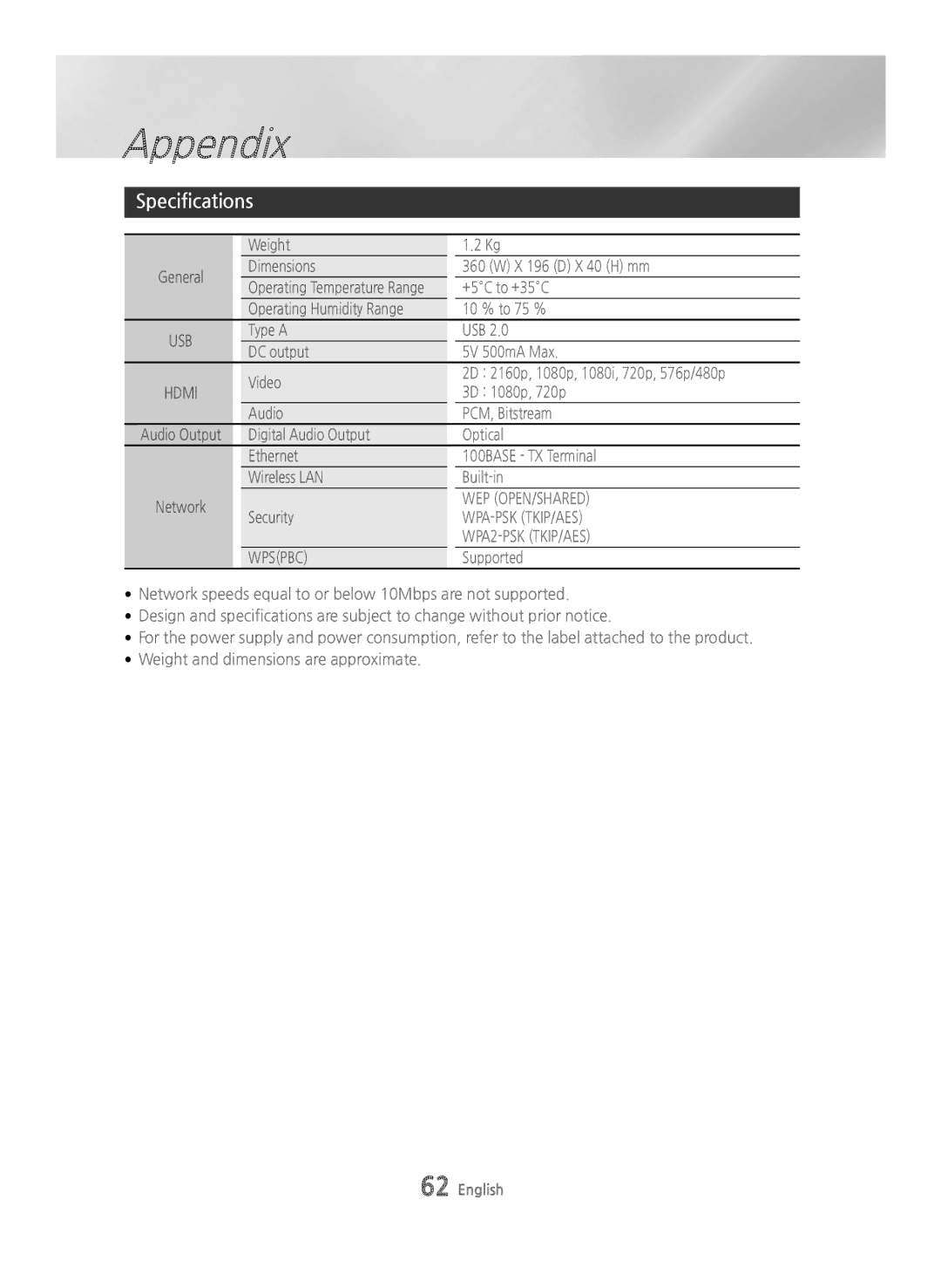 Samsung BD-H6500/XU, BD-H6500/EN, BD-H6500/ZF, BD-H6500/XE, BD-H6500/XN manual Specifications 