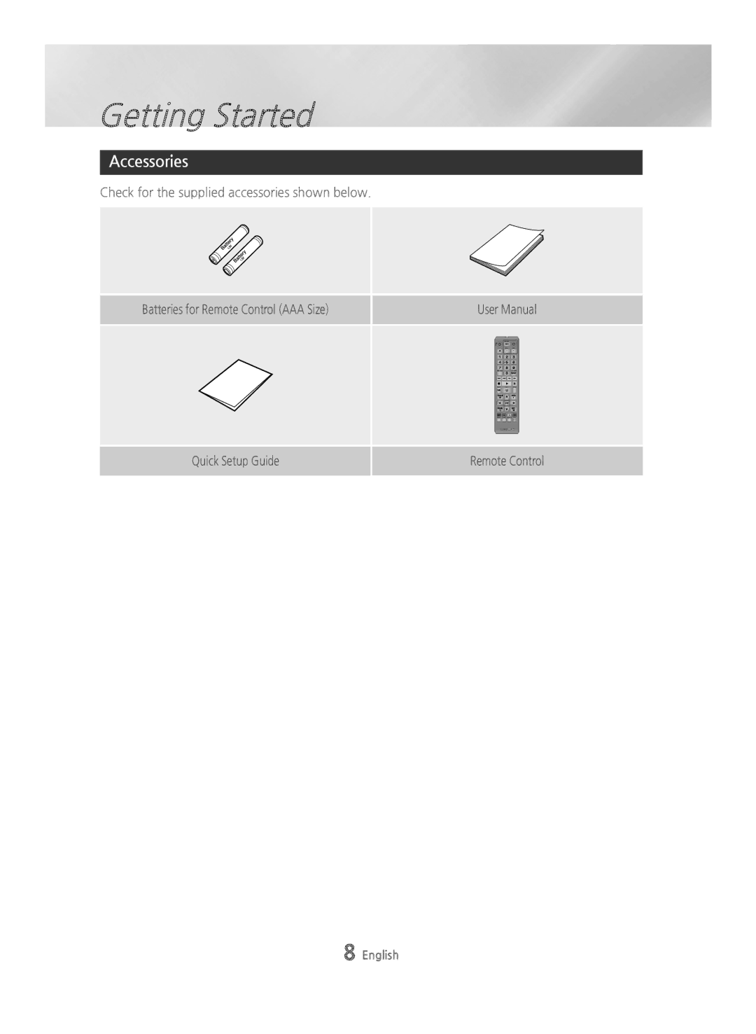 Samsung BD-H6500/XE, BD-H6500/EN, BD-H6500/ZF, BD-H6500/XU Getting Started, Accessories, Quick Setup Guide Remote Control 