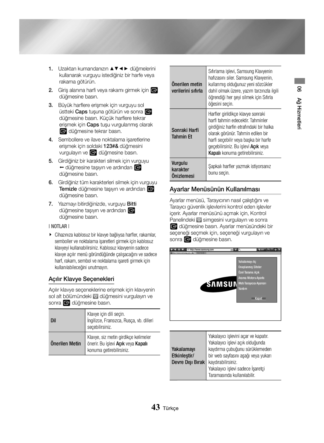 Samsung BD-H6500/EN manual Ayarlar Menüsünün Kullanılması, Açılır Klavye Seçenekleri 