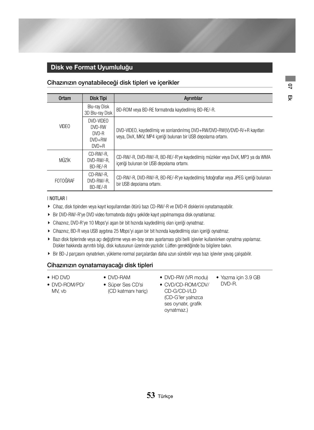 Samsung BD-H6500/EN manual Disk ve Format Uyumluluğu, Cihazınızın oynatabileceği disk tipleri ve içerikler 