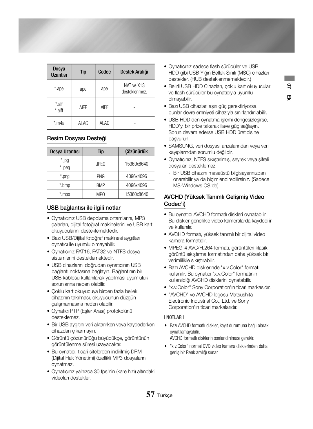 Samsung BD-H6500/EN Resim Dosyası Desteği, USB bağlantısı ile ilgili notlar, Avchd Yüksek Tanımlı Gelişmiş Video Codec’i 