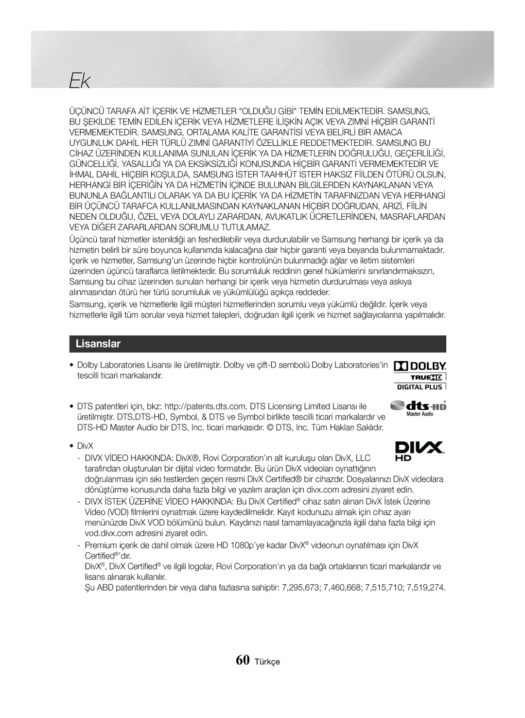 Samsung BD-H6500/EN manual Lisanslar, 60 Türkçe 