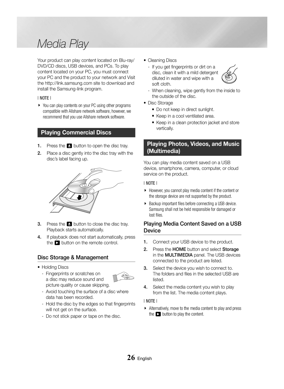 Samsung BD-H6500/EN manual Media Play, Playing Commercial Discs, Disc Storage & Management 