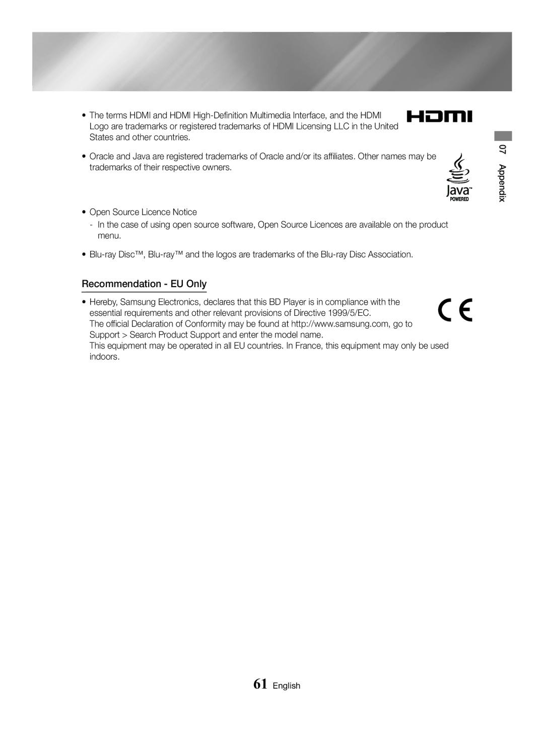 Samsung BD-H6500/EN manual Recommendation EU Only 