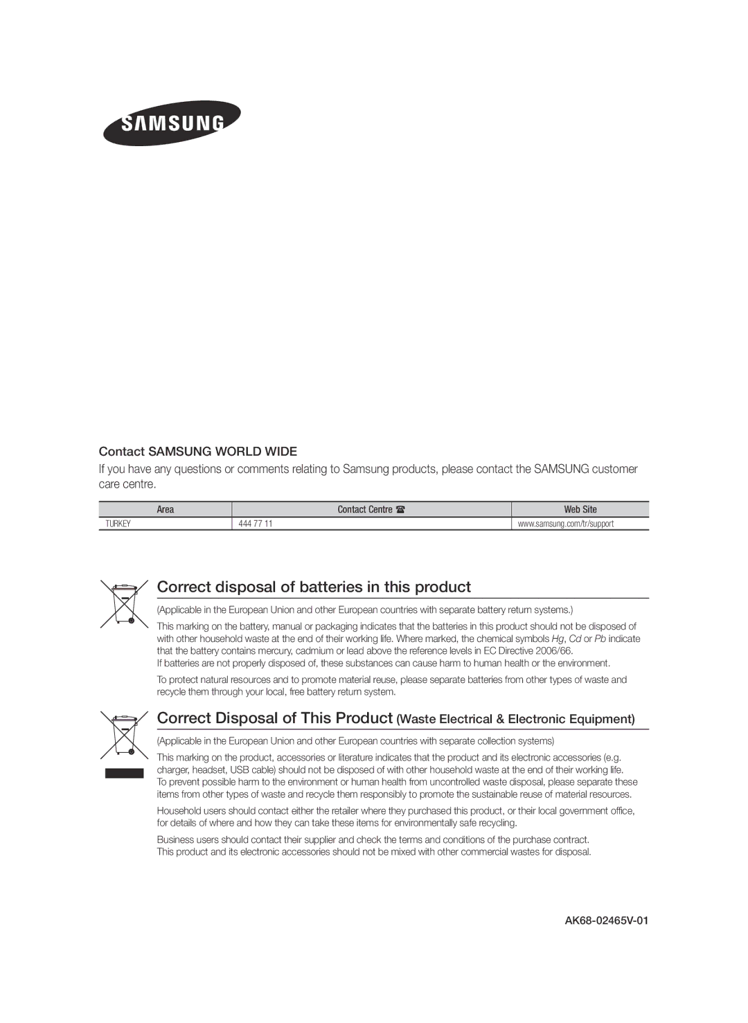 Samsung BD-H6500/EN manual Correct disposal of batteries in this product, Area, Contact Centre , Web Site, AK68-02465V-01 