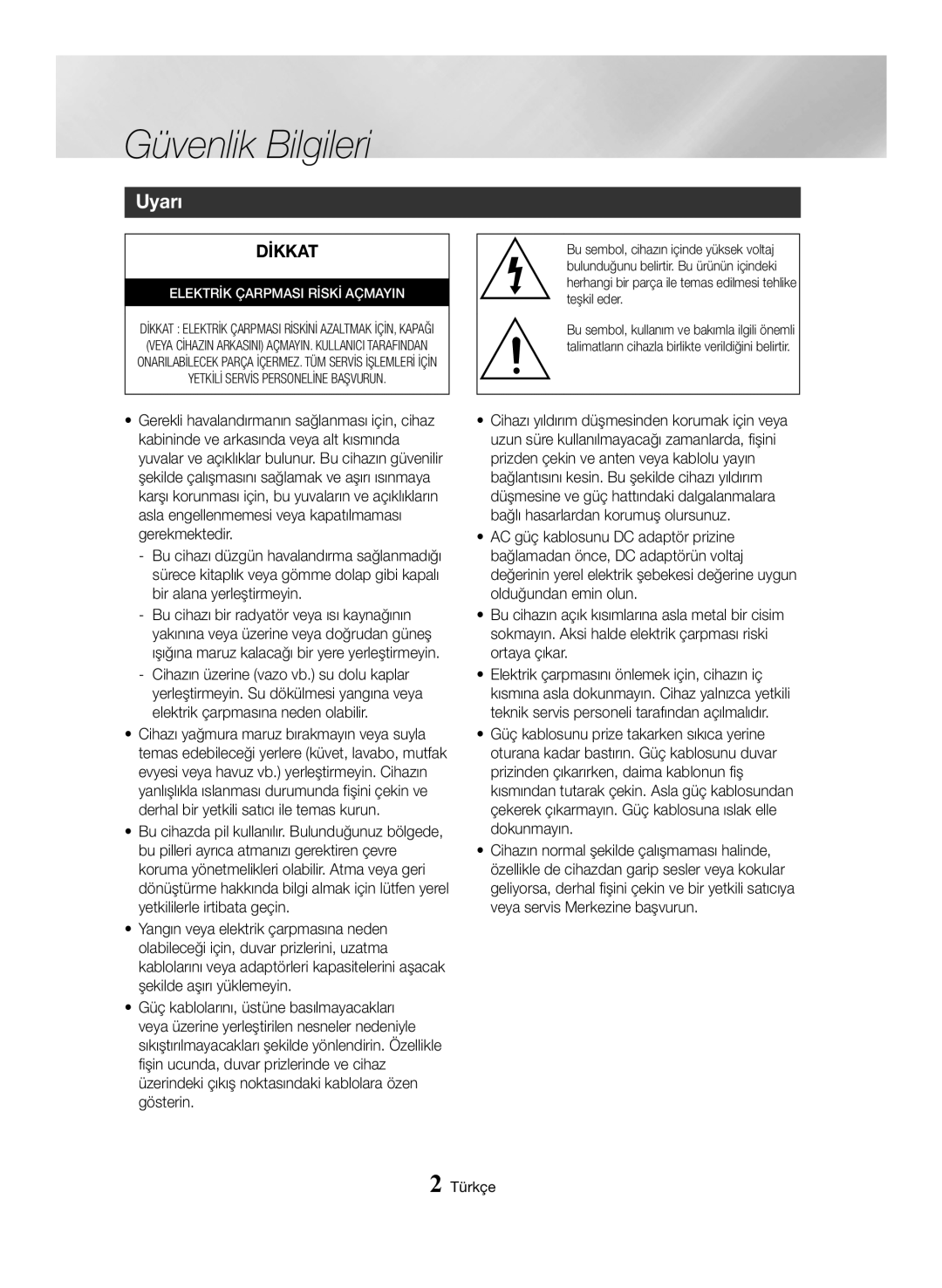 Samsung BD-H6500/EN manual Güvenlik Bilgileri, Uyarı, Türkçe 