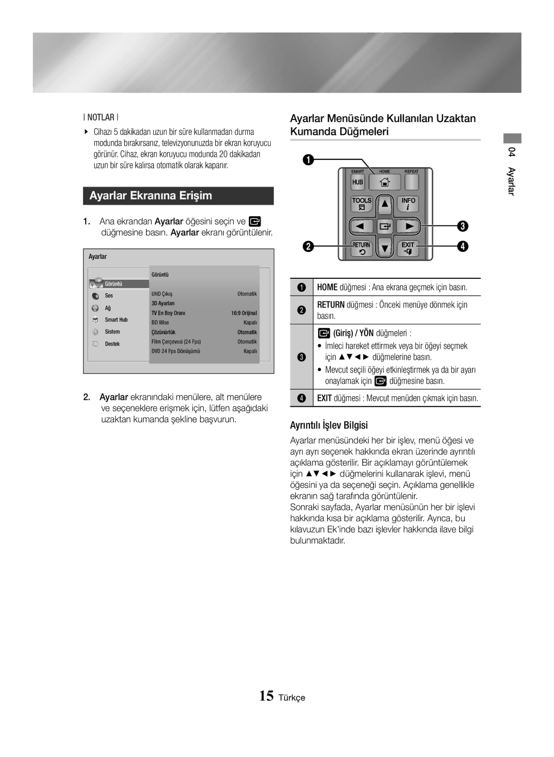 Samsung BD-H6500/EN manual Ayarlar Ekranına Erişim, Ayarlar Menüsünde Kullanılan Uzaktan Kumanda Düğmeleri 