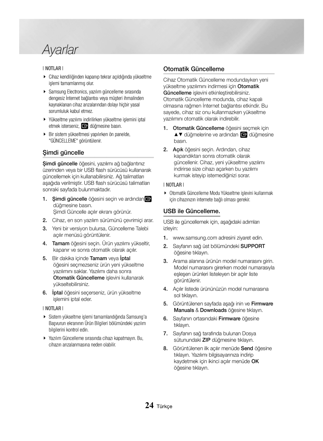 Samsung BD-H6500/EN manual USB ile Güncelleme, Sayfanın ortasındaki Firmware öğesine tıklayın, 24 Türkçe 