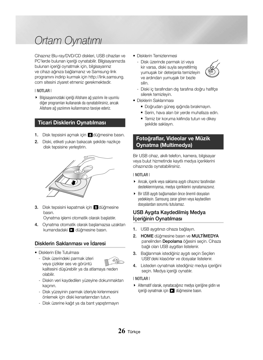 Samsung BD-H6500/EN manual Ortam Oynatımı, Ticari Disklerin Oynatılması, Disklerin Saklanması ve İdaresi 