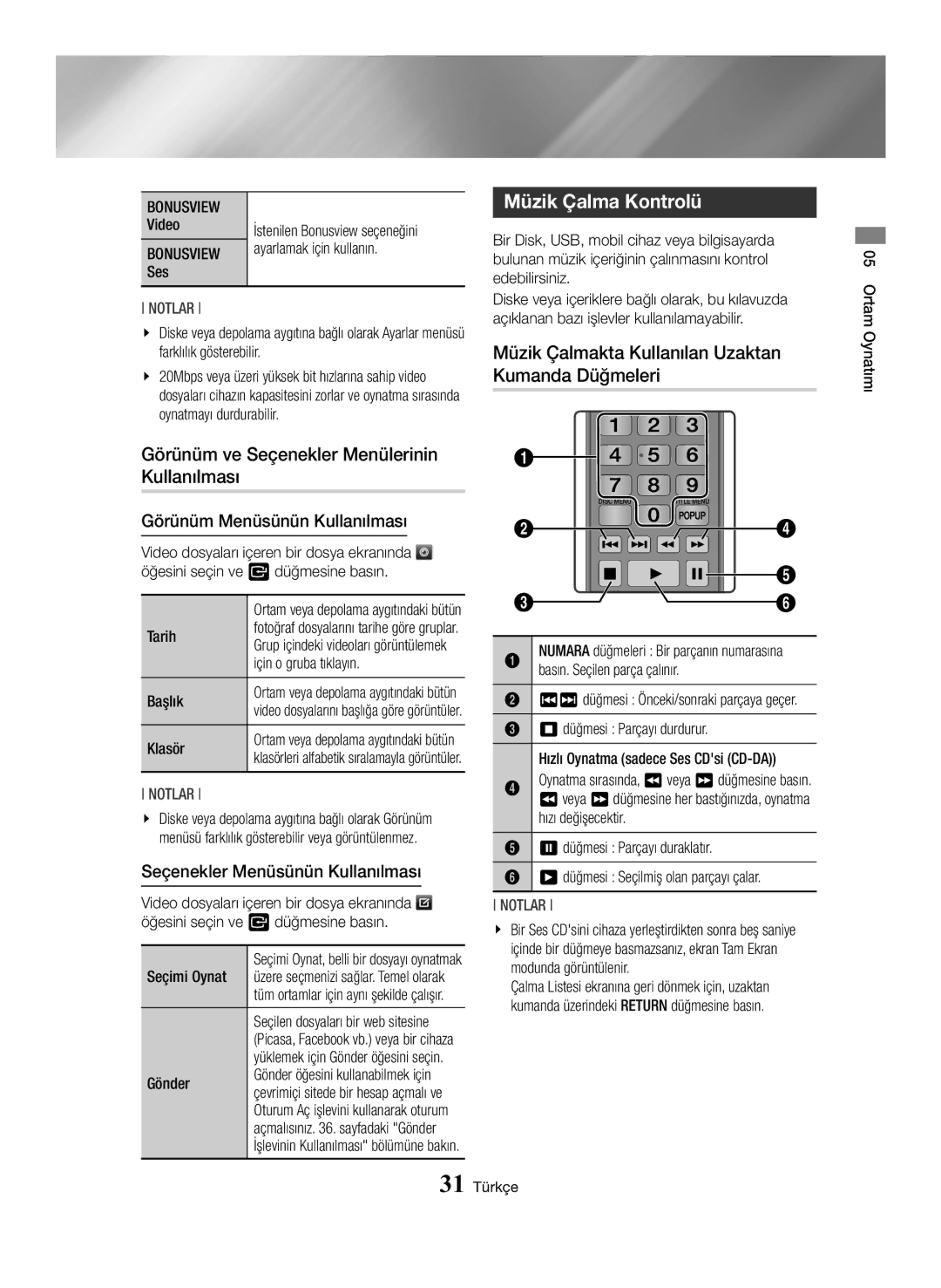 Samsung BD-H6500/EN Görünüm ve Seçenekler Menülerinin Kullanılması, Müzik Çalma Kontrolü, Görünüm Menüsünün Kullanılması 