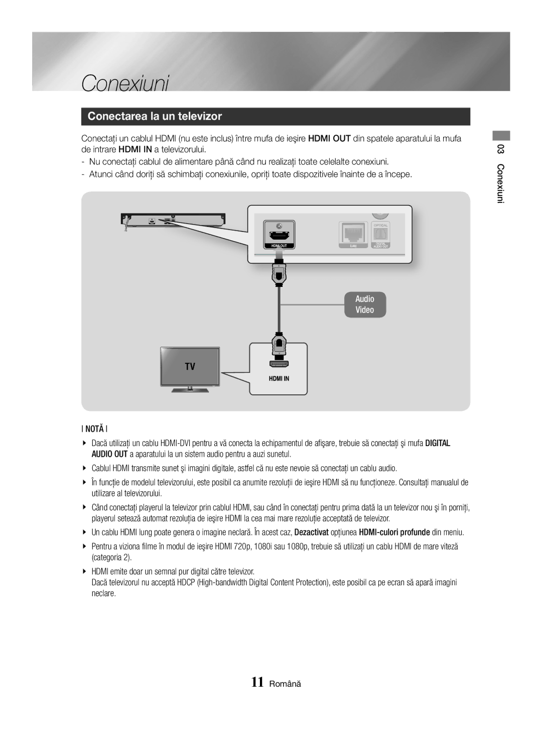 Samsung BD-H6500/EN manual Conectarea la un televizor, Notă, Conexiuni 11 Română 