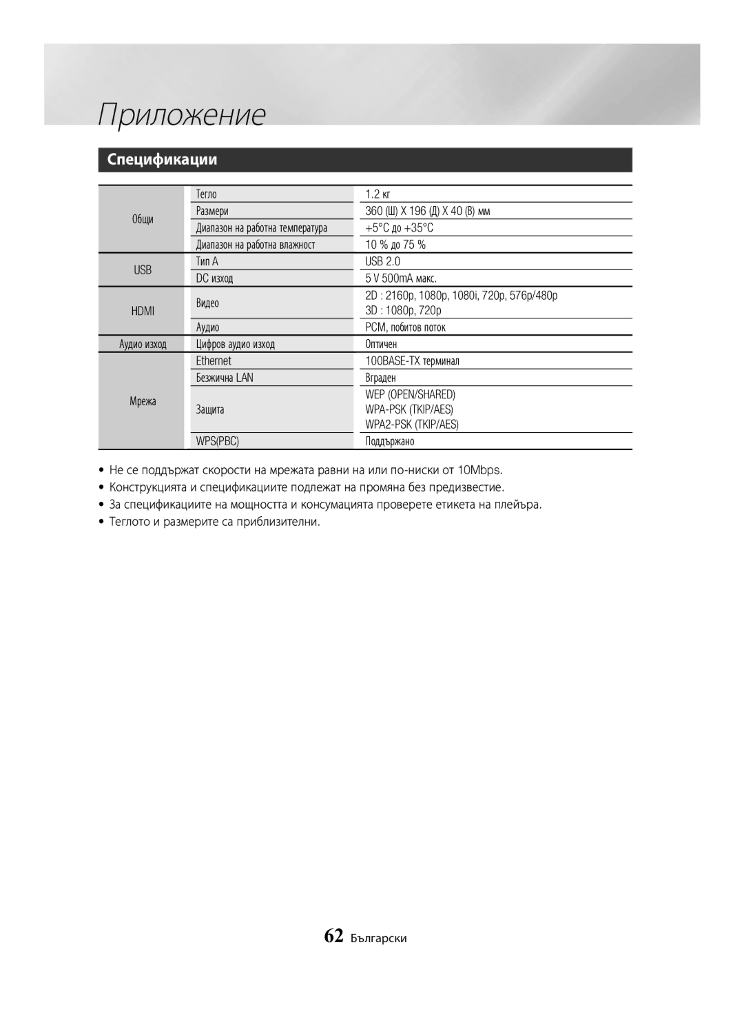 Samsung BD-H6500/EN manual Спецификации 