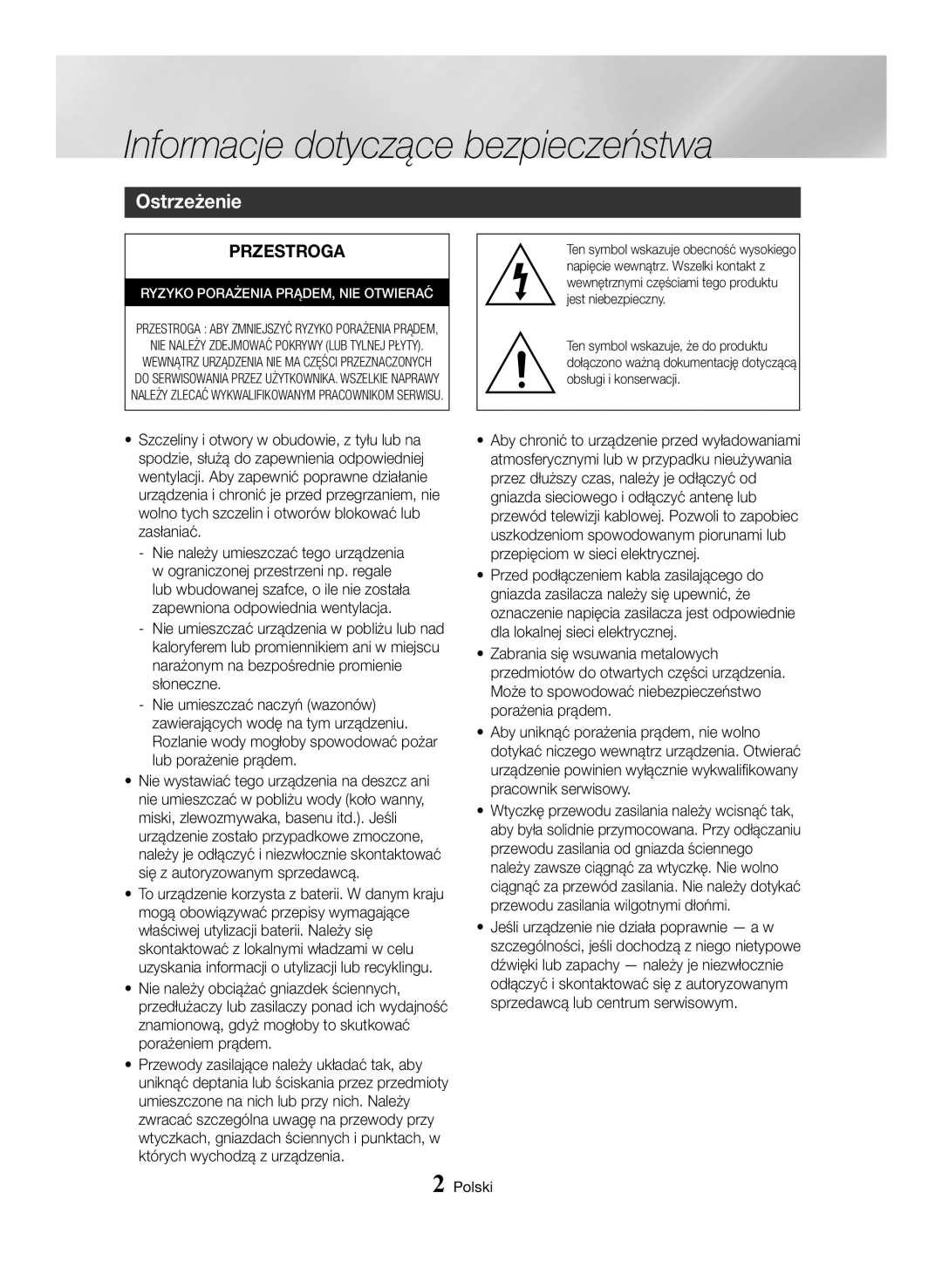 Samsung BD-H6500/EN manual Informacje dotyczące bezpieczeństwa, Ostrzeżenie, Polski 