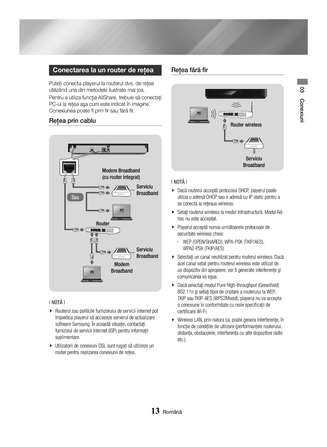 Samsung BD-H6500/EN manual Conectarea la un router de reţea, Reţea prin cablu, Reţea fără fir 