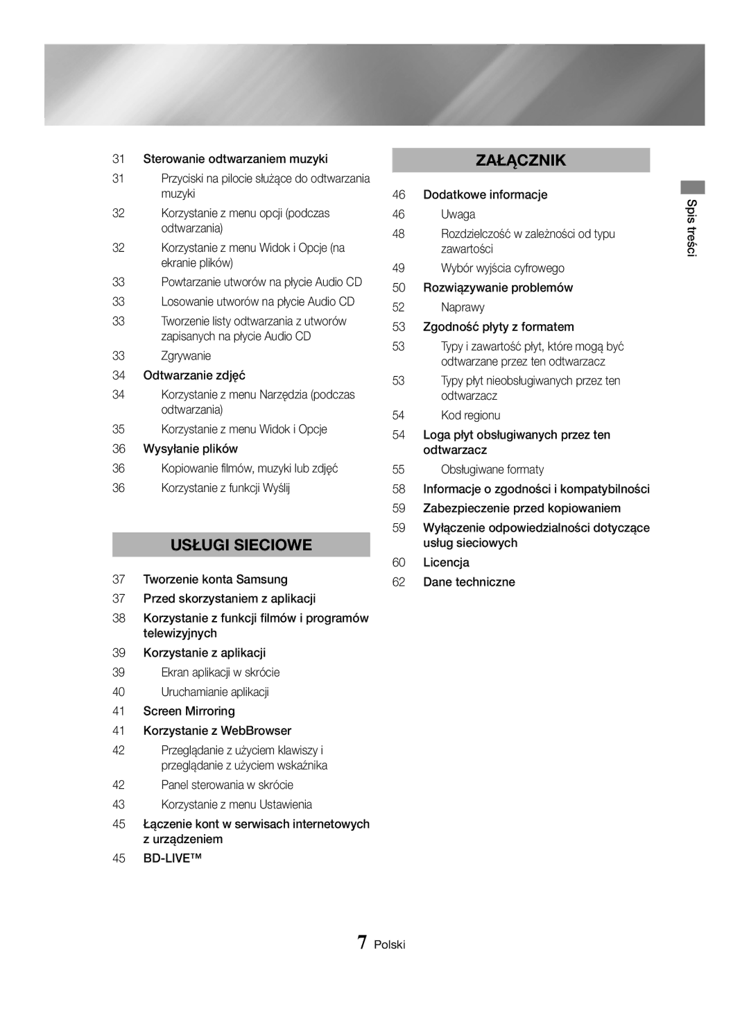 Samsung BD-H6500/EN manual Losowanie utworów na płycie Audio CD, Powtarzanie utworów na płycie Audio CD, Spis treści Polski 