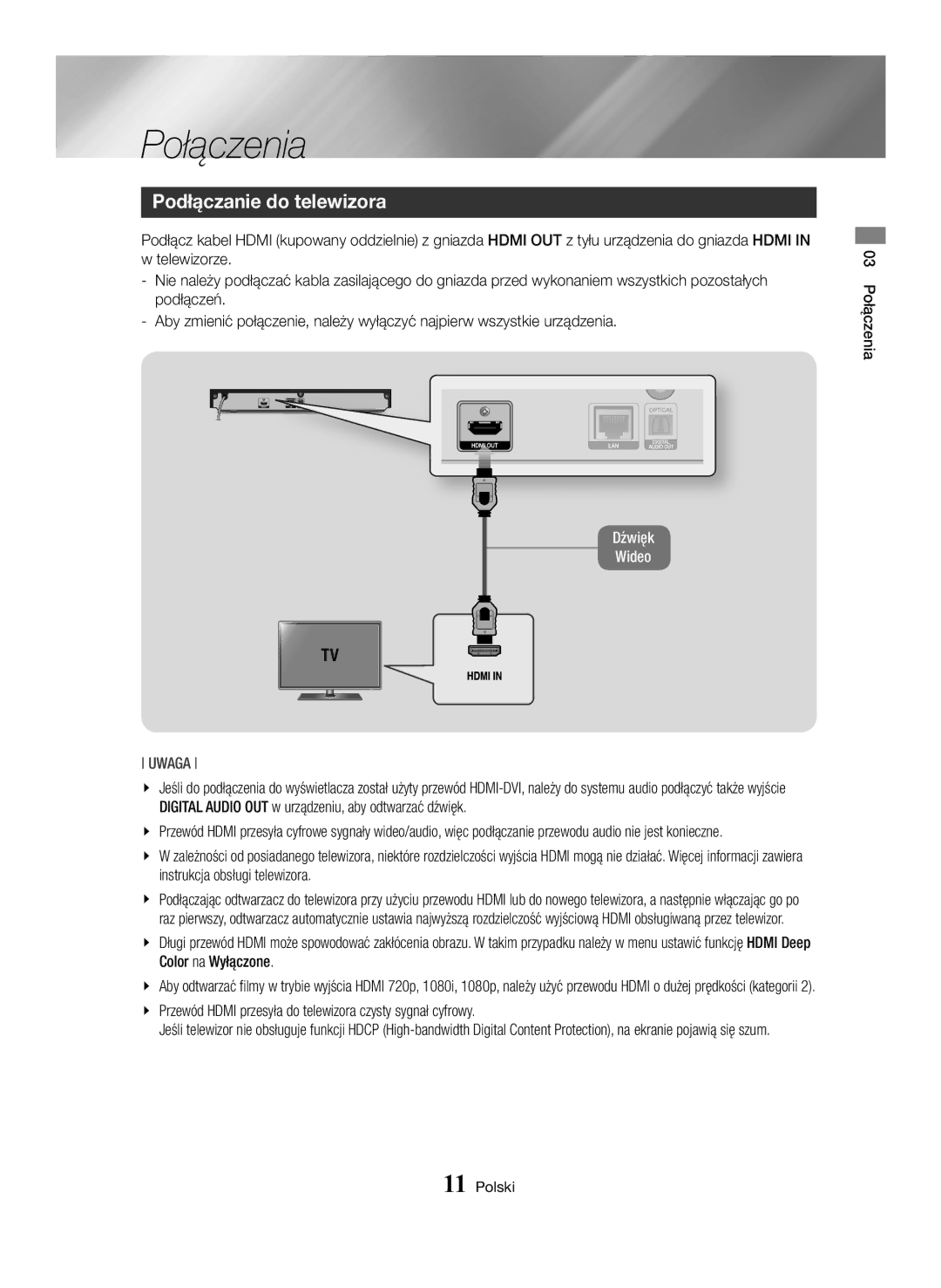 Samsung BD-H6500/EN manual Podłączanie do telewizora, 03 Połączenia Polski 