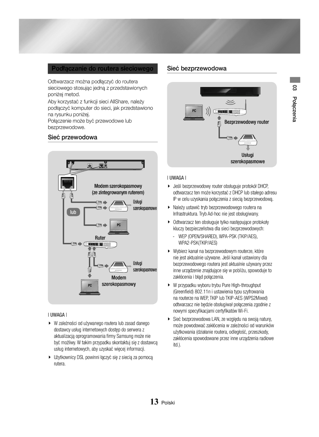 Samsung BD-H6500/EN manual Sieć przewodowa, Sieć bezprzewodowa, WPA2-PSKTKIP/AES 