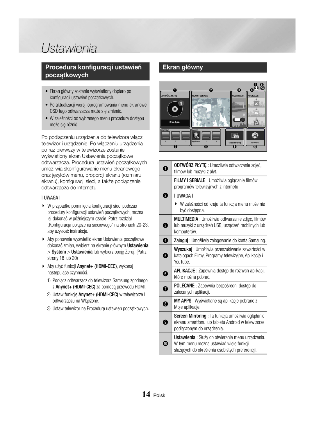 Samsung BD-H6500/EN manual Ustawienia, Procedura konfiguracji ustawień początkowych, Ekran główny 