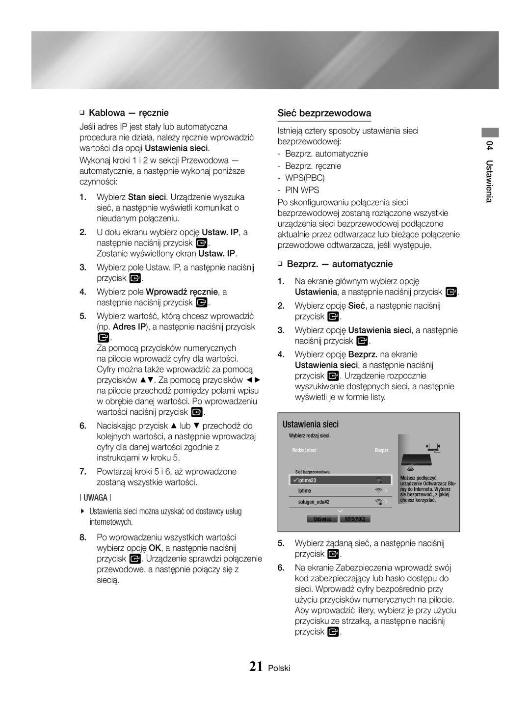 Samsung BD-H6500/EN manual Sieć bezprzewodowa, Wpspbc PIN WPS 