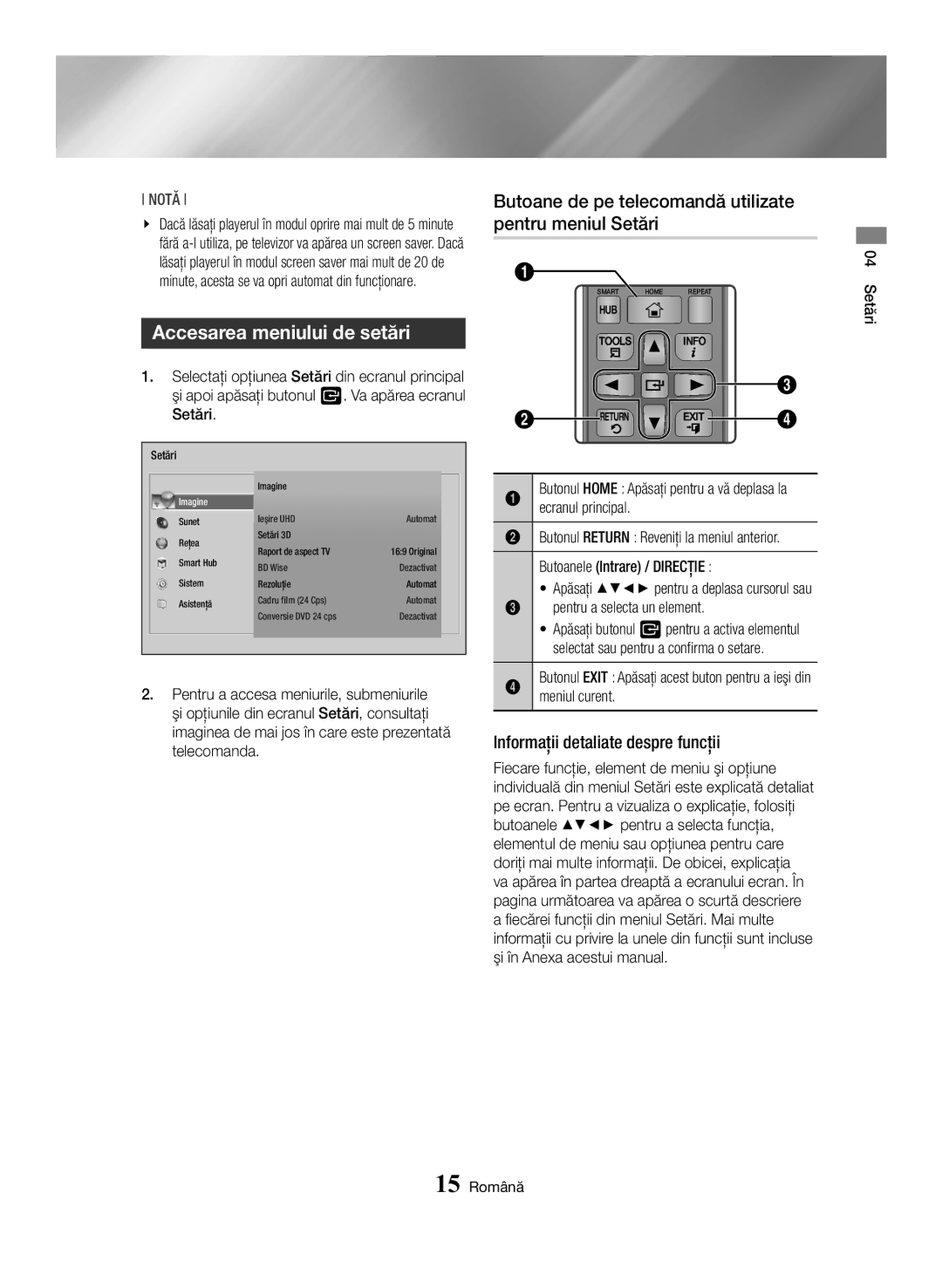 Samsung BD-H6500/EN manual Accesarea meniului de setări, Butoane de pe telecomandă utilizate pentru meniul Setări 