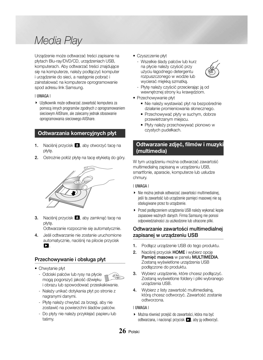 Samsung BD-H6500/EN manual Odtwarzania komercyjnych płyt, Przechowywanie i obsługa płyt 