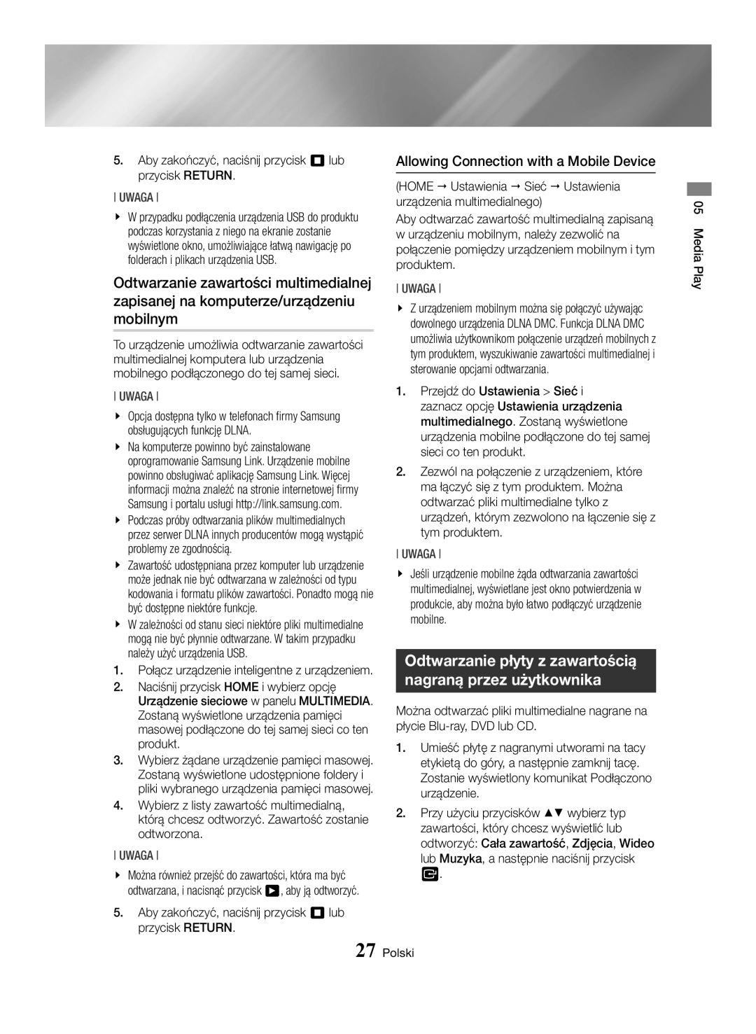 Samsung BD-H6500/EN manual Allowing Connection with a Mobile Device, Aby zakończyć, naciśnij przycisk 5 lub przycisk Return 