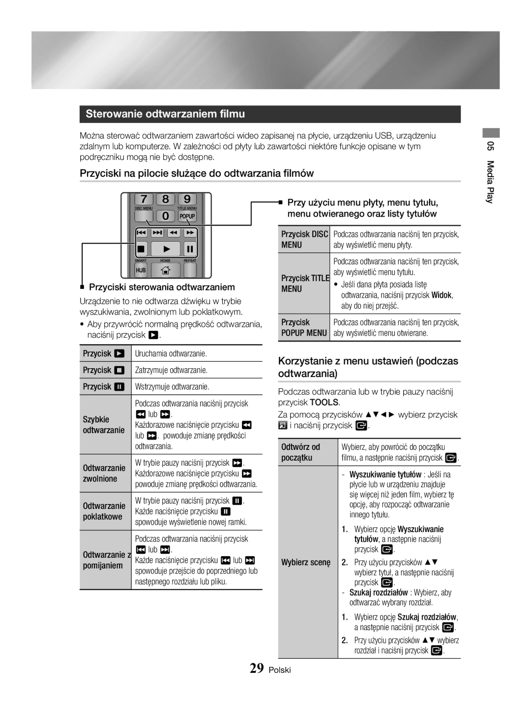 Samsung BD-H6500/EN manual Sterowanie odtwarzaniem filmu, Przyciski na pilocie służące do odtwarzania filmów, Odtwarzania 