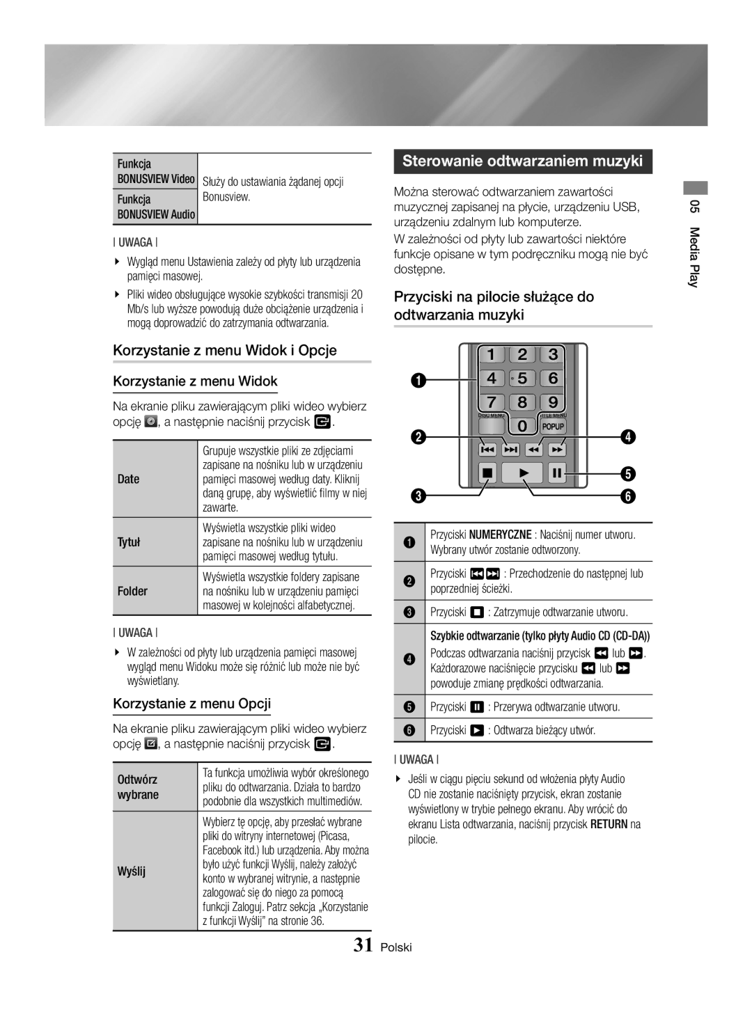 Samsung BD-H6500/EN manual Sterowanie odtwarzaniem muzyki, Przyciski na pilocie służące do odtwarzania muzyki 