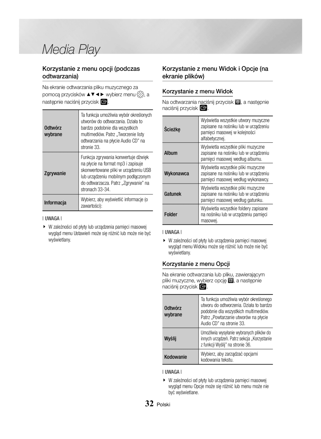 Samsung BD-H6500/EN manual Korzystanie z menu opcji podczas odtwarzania, Korzystanie z menu Widok i Opcje na ekranie plików 