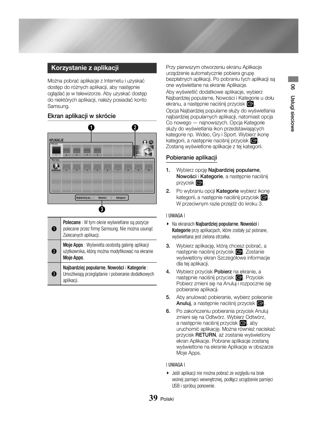 Samsung BD-H6500/EN manual Korzystanie z aplikacji, Ekran aplikacji w skrócie, Pobieranie aplikacji 