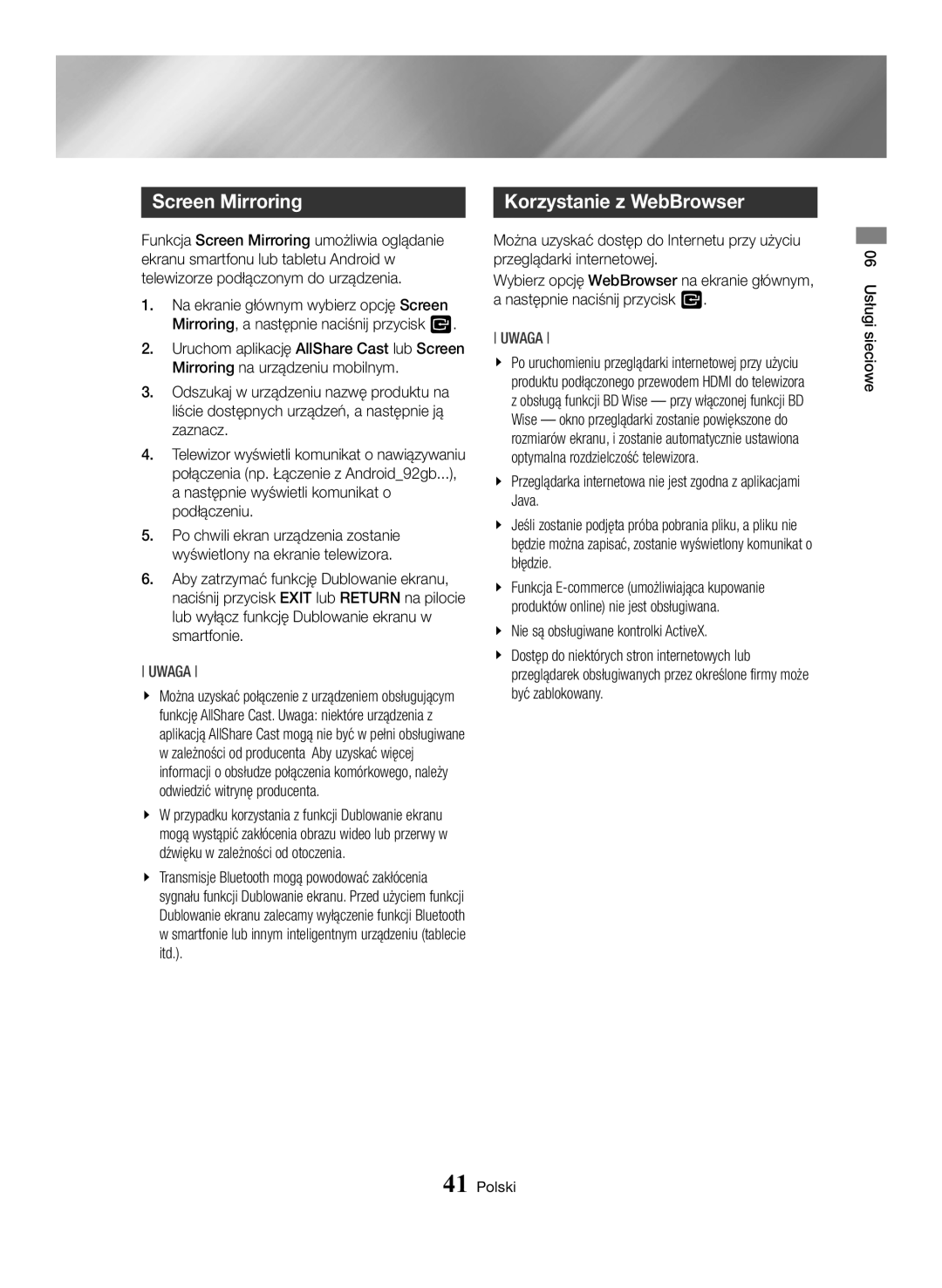 Samsung BD-H6500/EN manual Screen Mirroring, Korzystanie z WebBrowser 