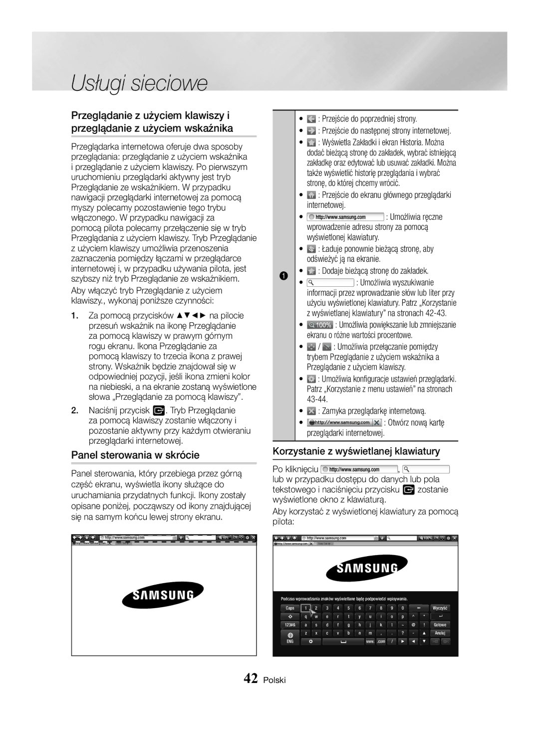 Samsung BD-H6500/EN manual Panel sterowania w skrócie, Przejście do ekranu głównego przeglądarki internetowej 