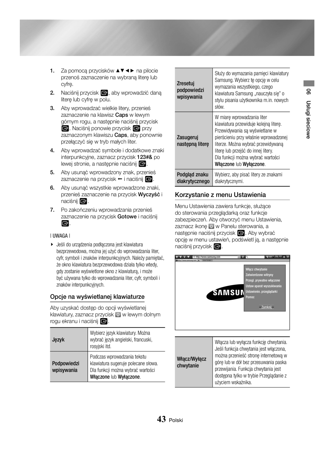 Samsung BD-H6500/EN manual Korzystanie z menu Ustawienia, Opcje na wyświetlanej klawiaturze 