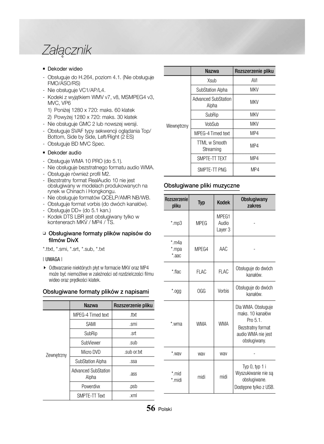 Samsung BD-H6500/EN Obsługiwane formaty plików z napisami, Obsługiwane pliki muzyczne, Nazwa Rozszerzenie pliku, Zakres 