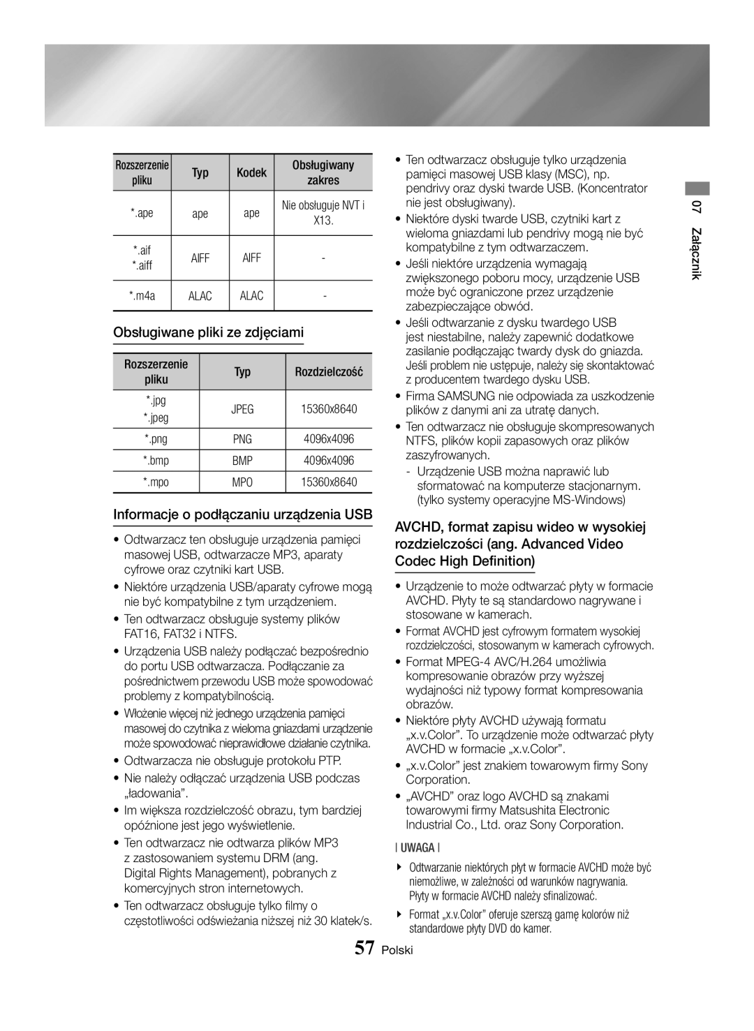 Samsung BD-H6500/EN manual Obsługiwane pliki ze zdjęciami, Informacje o podłączaniu urządzenia USB 