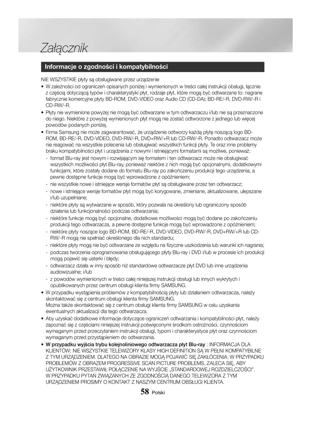 Samsung BD-H6500/EN manual Informacje o zgodności i kompatybilności, RW/-R mogą nie spełniać określonego dla nich standardu 