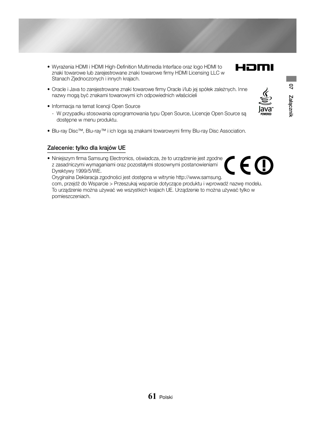 Samsung BD-H6500/EN manual Zalecenie tylko dla krajów UE 