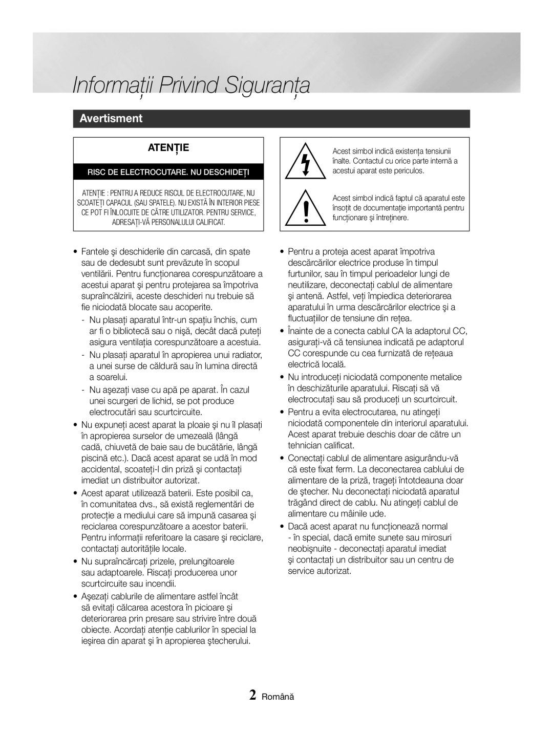 Samsung BD-H6500/EN manual Informaţii Privind Siguranţa, Avertisment, Română 