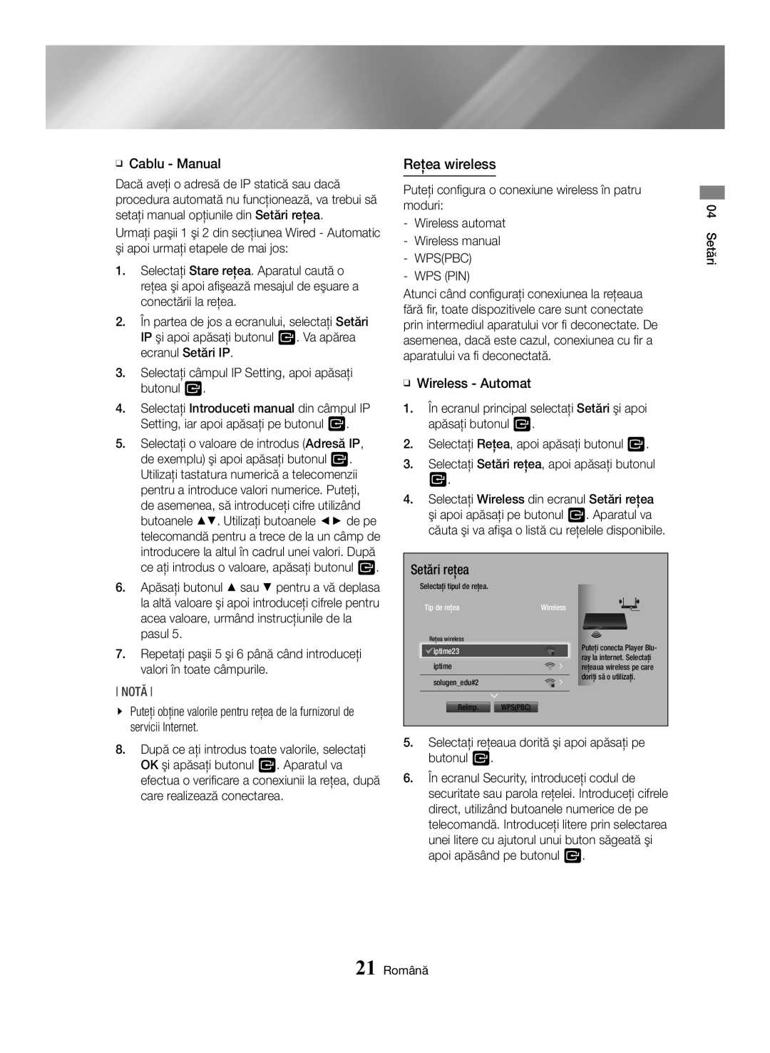 Samsung BD-H6500/EN manual Reţea wireless 