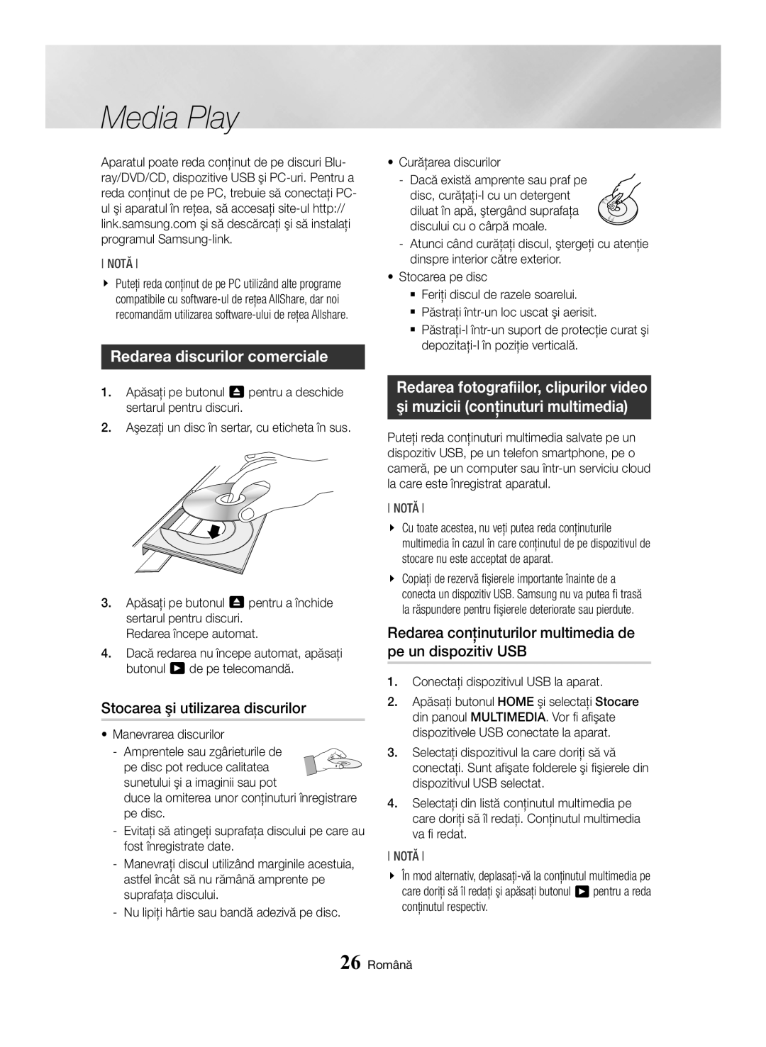 Samsung BD-H6500/EN manual Media Play, Redarea discurilor comerciale, Stocarea şi utilizarea discurilor 