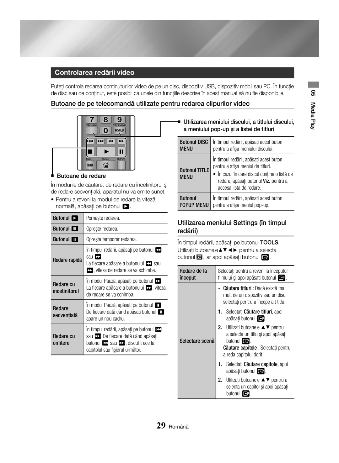 Samsung BD-H6500/EN manual Controlarea redării video, Utilizarea meniului Settings în timpul redării, Menu 