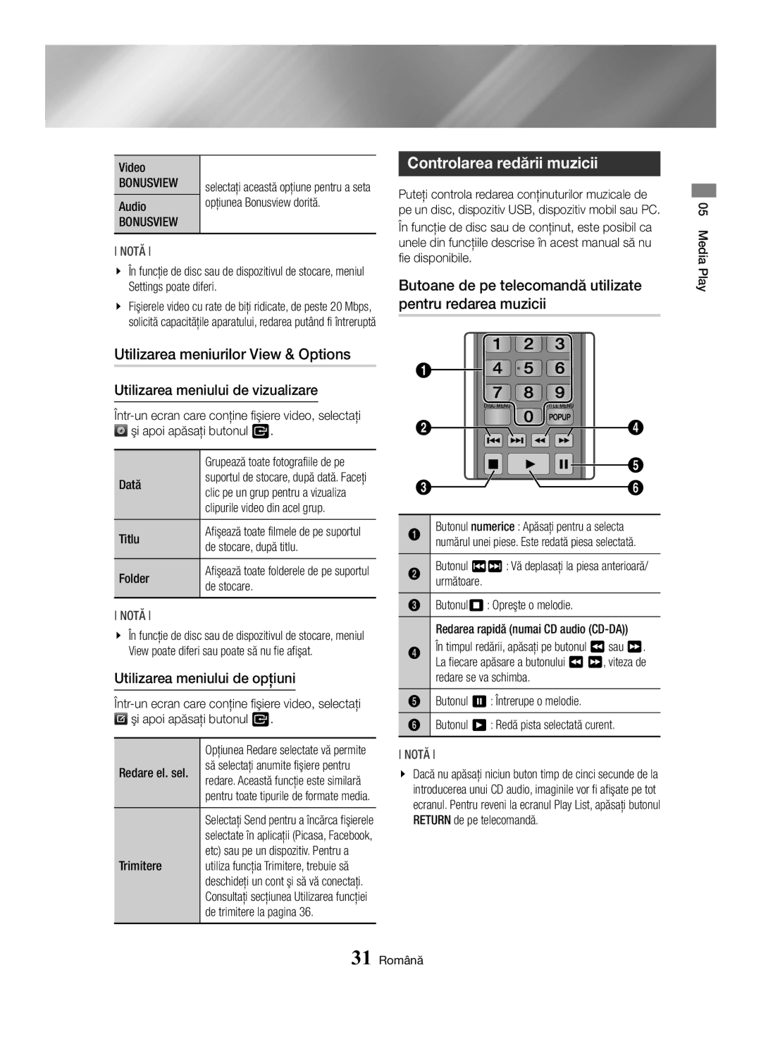 Samsung BD-H6500/EN Utilizarea meniurilor View & Options, Controlarea redării muzicii, Utilizarea meniului de vizualizare 