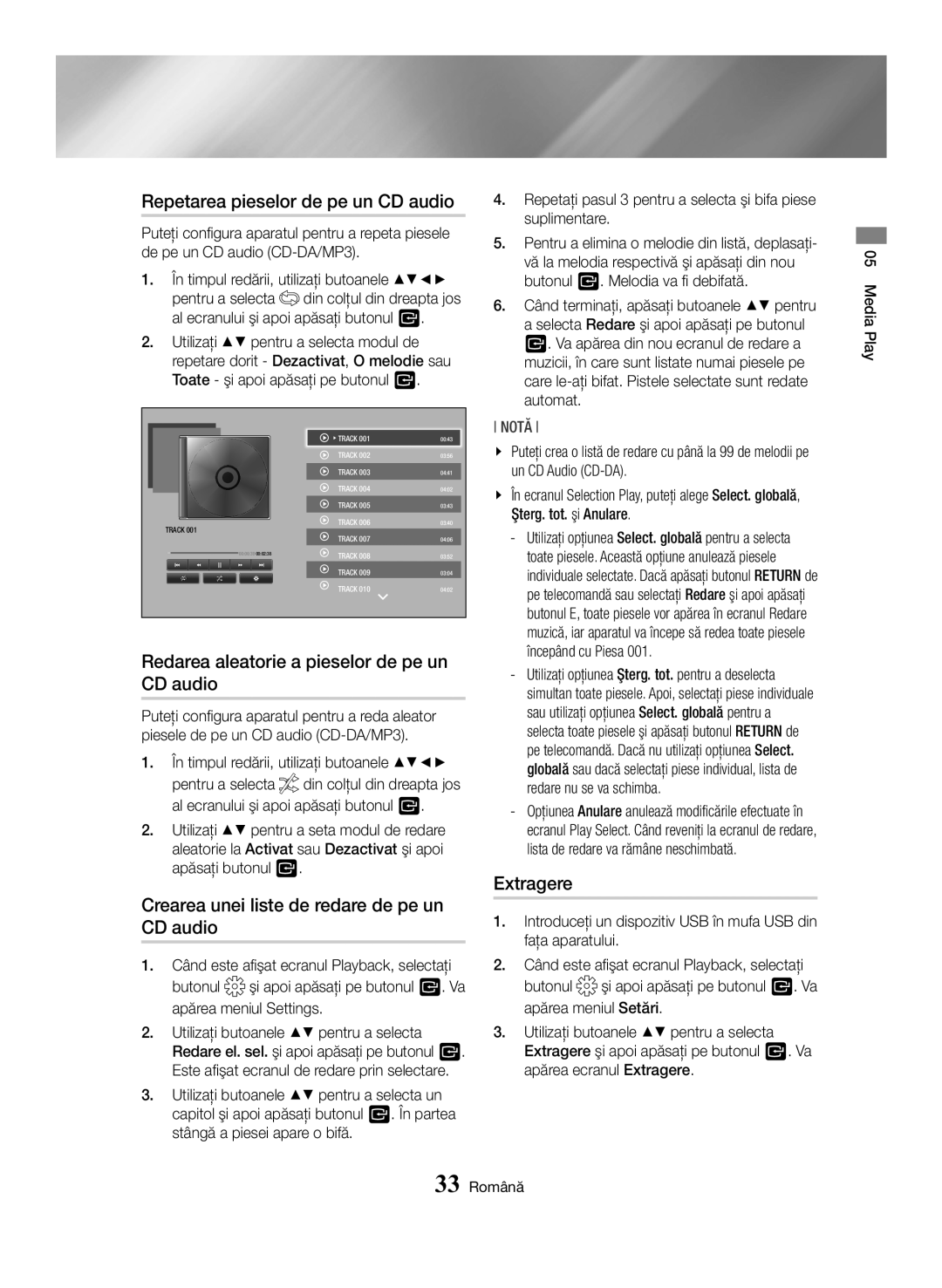 Samsung BD-H6500/EN manual Repetarea pieselor de pe un CD audio, Redarea aleatorie a pieselor de pe un CD audio, Extragere 