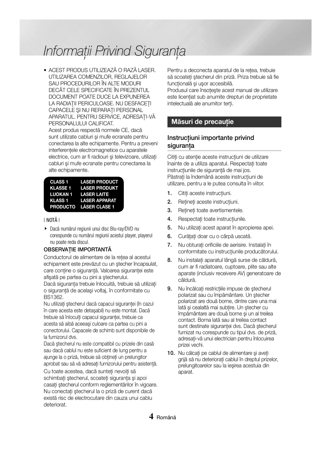 Samsung BD-H6500/EN manual Măsuri de precauţie, Instrucţiuni importante privind siguranţa, Observaţie Importantă 